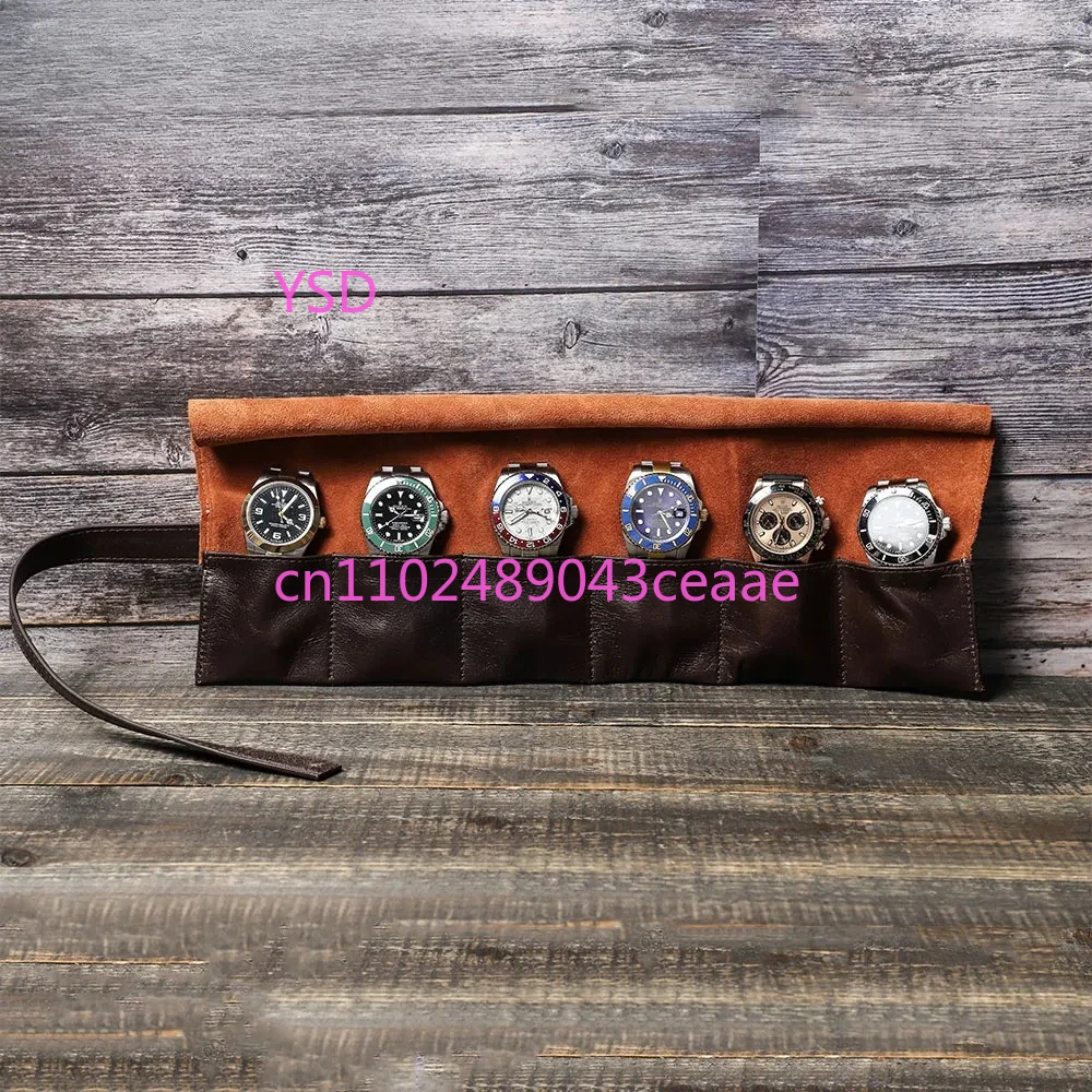 

Luxury 100% Cowhide Leather 6 Slots Watches Roll Case Travel Portable Watch Holder Handmade Storage Organizer