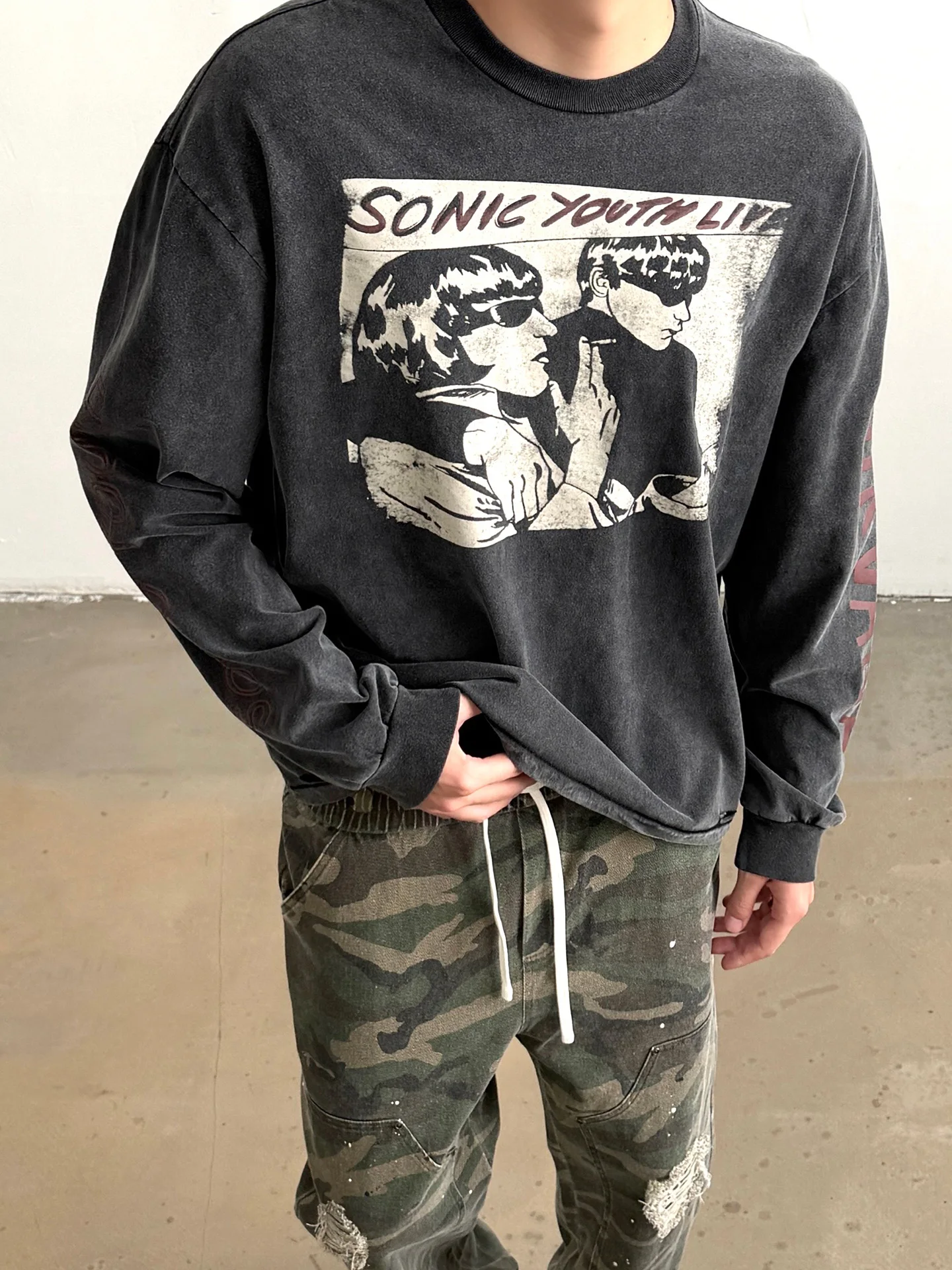 Retro American Streetwear 1990 Coben Tour Washed Long Sleeve T-Shirt Men's Casual Loose Fit Cotton Breathable round Neck