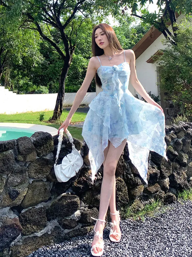 Sling Dress Suit Flowers Irregular Chiffon Summer Women Short Sleeve Holiday Style Korean Fashion Broken Short Skirt Dress