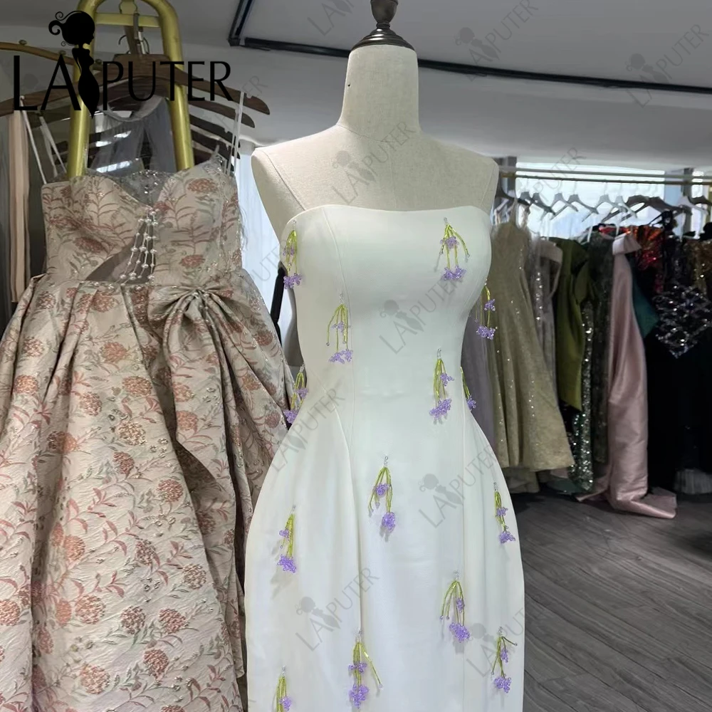 베이지 댄스 파티 드레스 2024 Strapless 크리스탈 열 이브닝 가운 작은 포도 보라색 구슬 펜던트 여자 연예인 드레스