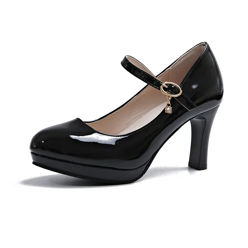

High Heels Platform Pumps Mujer 2026 Spring New Fashion Buckle Solid Black Shoes Woman PU Leather Waterproof Shoes Femme