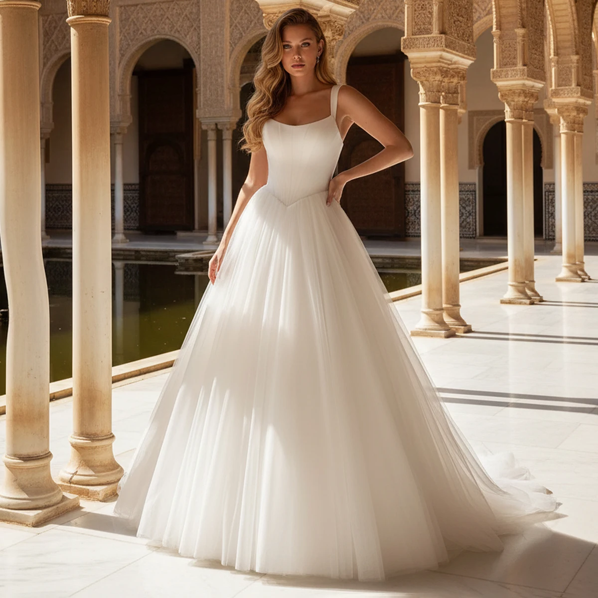 

Luxury Puffy Wedding Dress For Women Long Tulle Bridal Party Gown For Bride A Line Square Collar Ball Gown Vestidos Novia