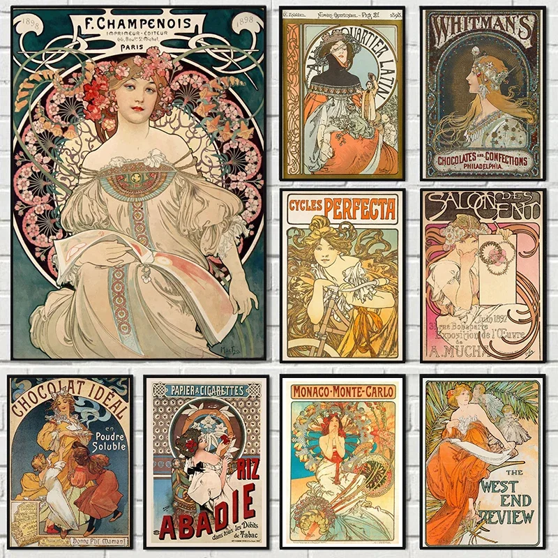 (2D Canvas painting) Alphonse Mucha Canvas Painting Vintage Woman Posters and Prints Wall Art Pictures for Living Room Home D