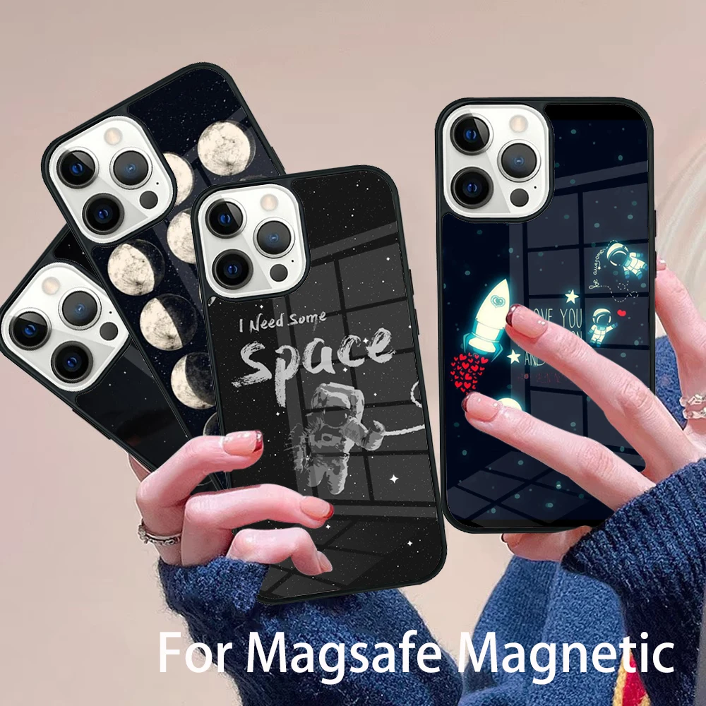 

Moon Astronaut Phone Case Magesafe Magnetic Wireless Charge Cover For IPhone 16 11 12 13 14 15 Pro Max Plus
