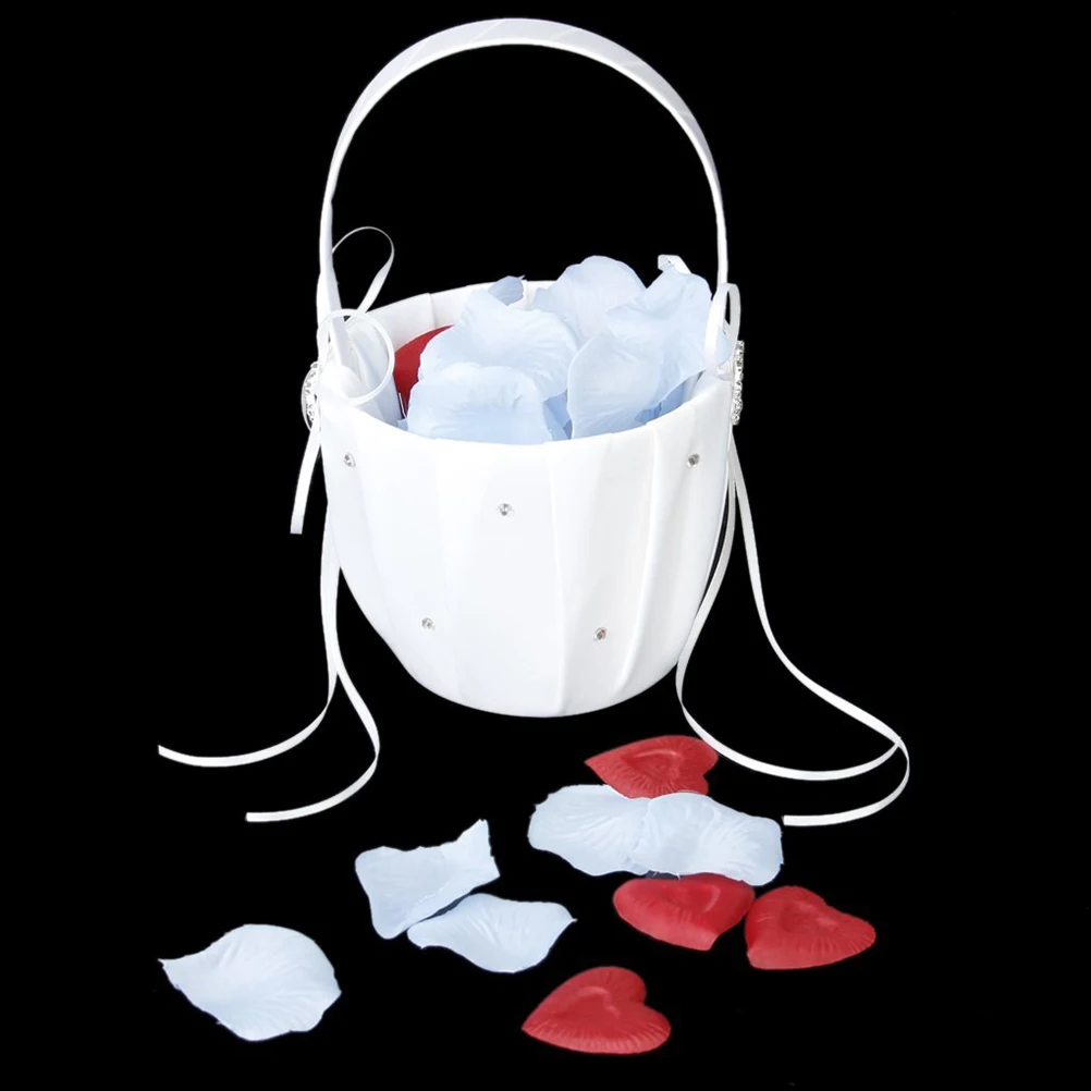 

White Ring Pillow 15X15 Sparkling Rhinestone Double Heart Buckle Satin Ribbon Decor Flower Wedding Ceremonyflower Girl Basket