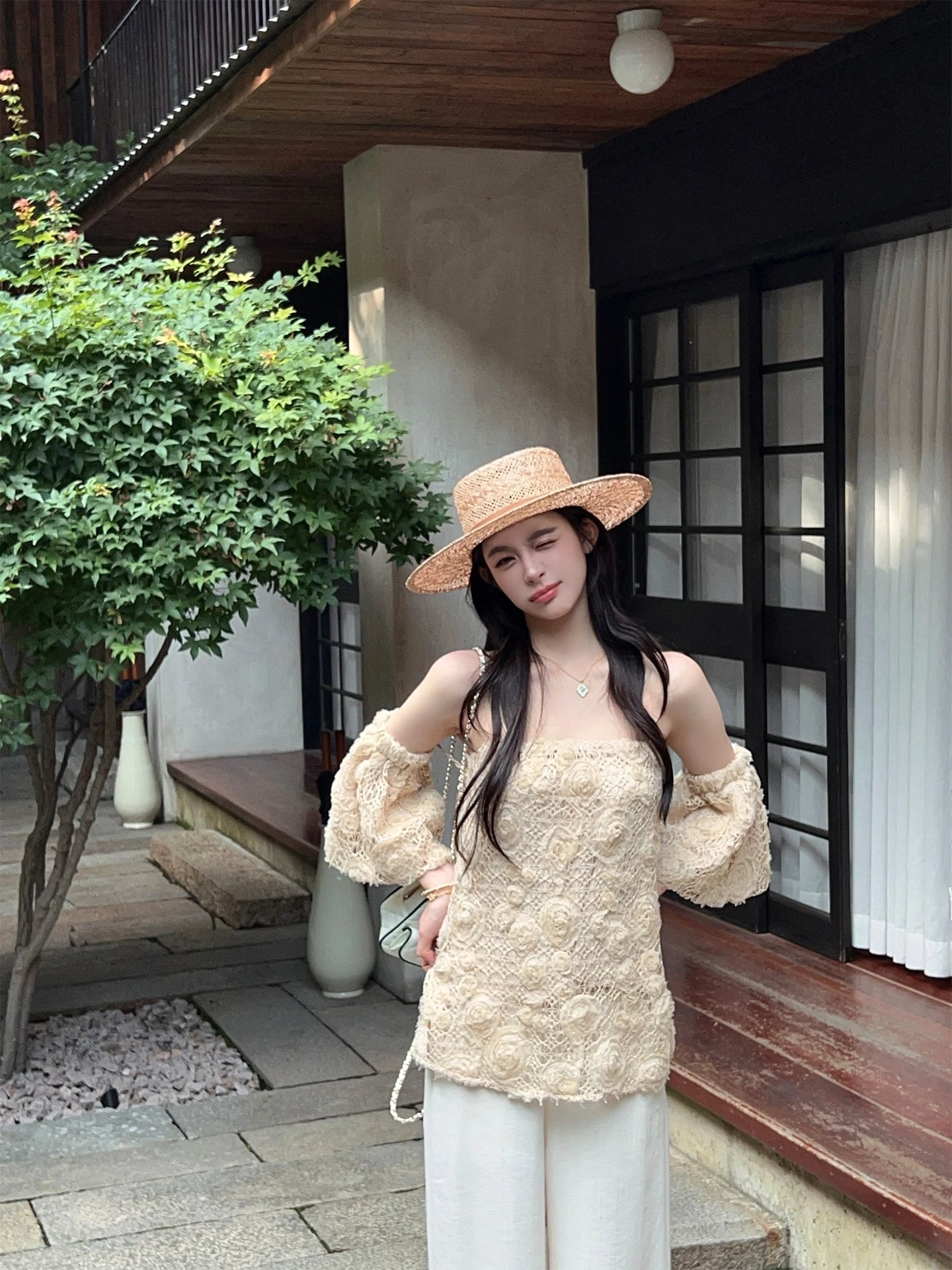 

FairyJiang Summer Hand-Knitted Apricot One-oulder Women's Bell-Sve Bared-oulder Knitted Tube Top Vest Korean Sle Loo...