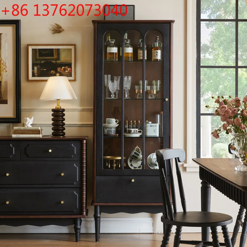 

Французский ретро стеклянный дверной винный шкаф из цельного дерева для гостиной, дома, американский шкаф-витрина