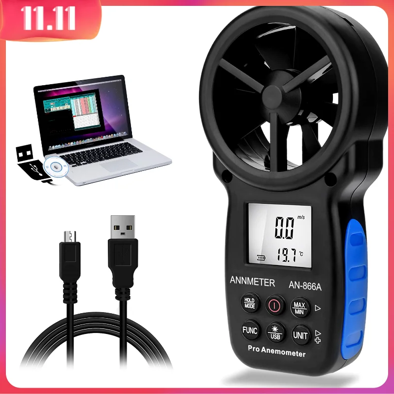 مقياس شدة الريح الرقمي من Holdpeak مقياس CFM محمول باليد HP-866A مع اتصال USB ونقطة الندى ومقياس كتلة الهواء مع عقد البيانات وUSB #1
