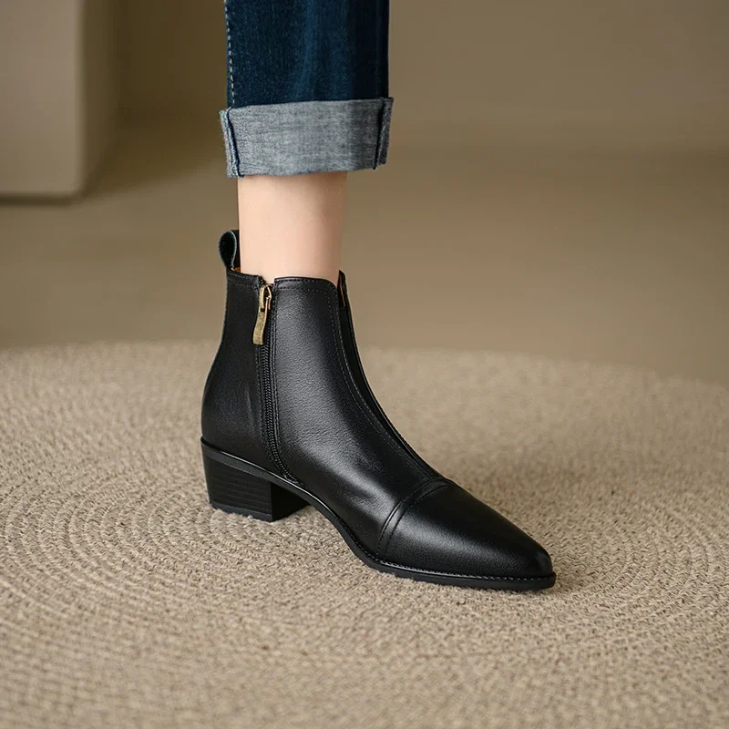 2024 New Autumn Women Boots Genuine Leather Shoes for Women Pointed Toe Ankle Boots Black Modern Boots Lady Leather Shoes