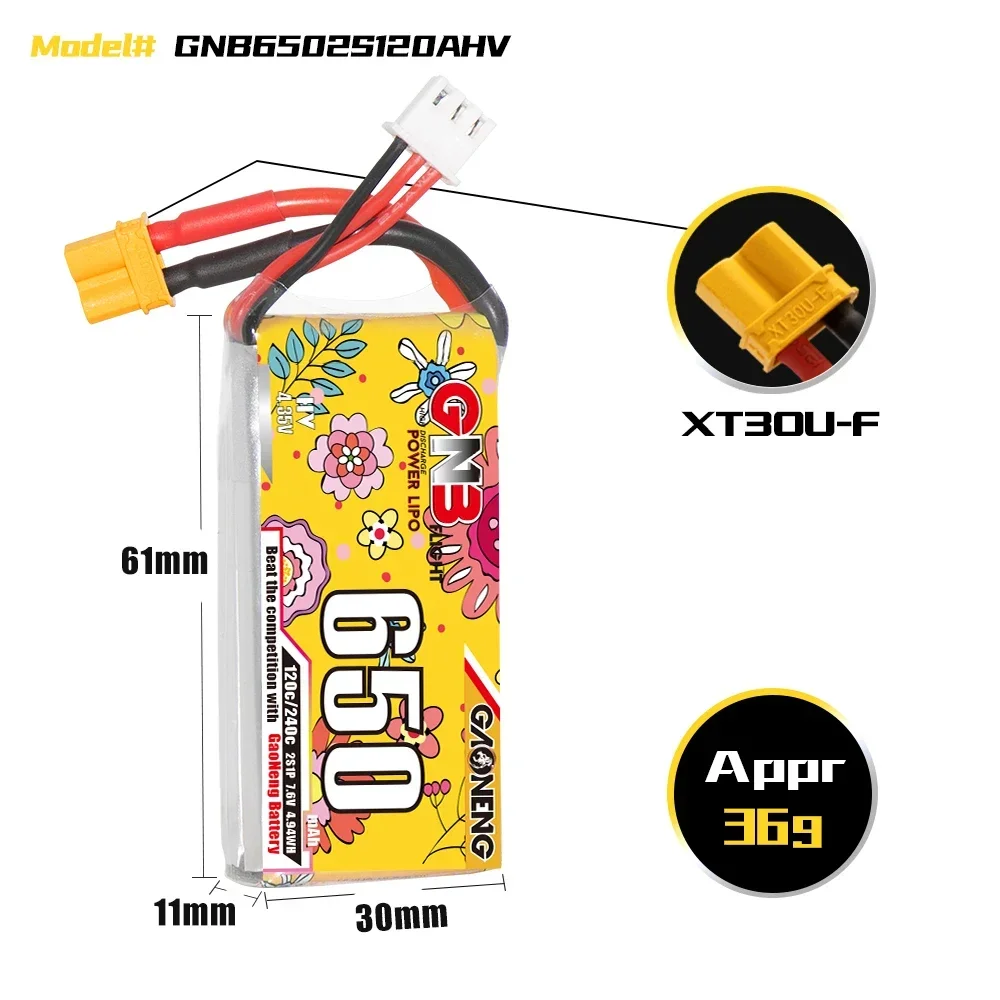 GAONENG GNB 650mAh HV 2S 120C 240C 7.6V XT30 LiPo Battery Multirotor 150 Size 120 FPV Torrent 110 Micro Mini Quadcopt