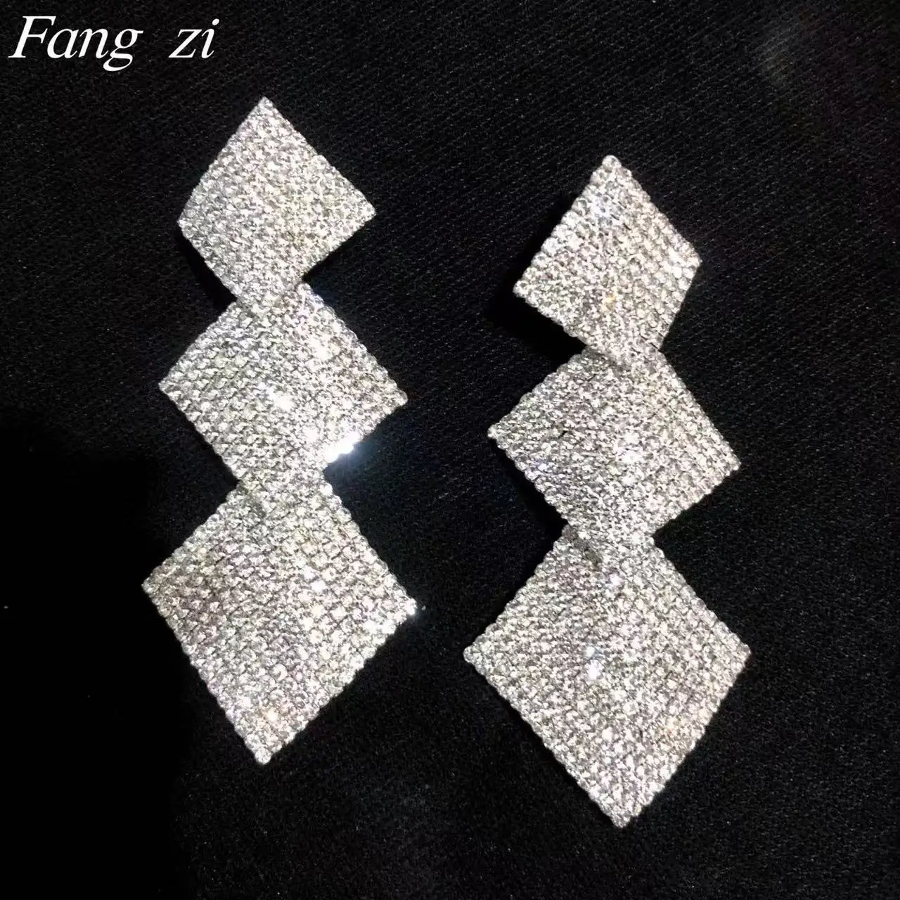 حار بيع طبقة مزدوجة الماس أقراط الماس الكامل مع مبالغ فيها هندسية مخلب سلسلة أقراط حجر الراين، هندسة المجوهرات