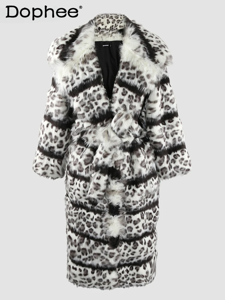 

Fashion Striped Leopard Print Color Matching European Imitation Fox Fur Coat Women's Winter Plush Coat Faux Fur Coat Long