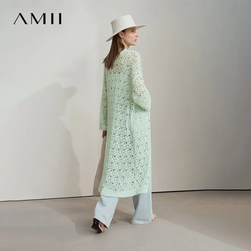 

Amii Minimalist Long Knitted Women Cardigan 2025 Spring New Solid Crochet Hollow Shoulder Sleeves Loose Commute Top 12551060