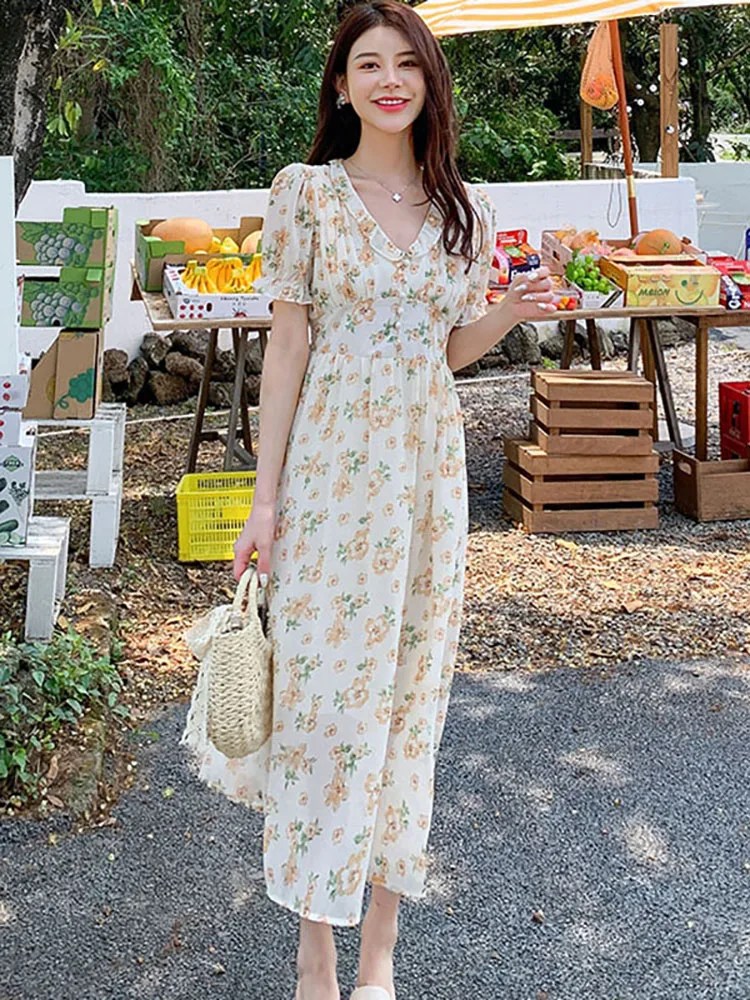 2025 Boho floreale chiffon manica a sbuffo increspato scollo a V abito longuette estate casual vestito da festa donna moda coreana abiti eleganti