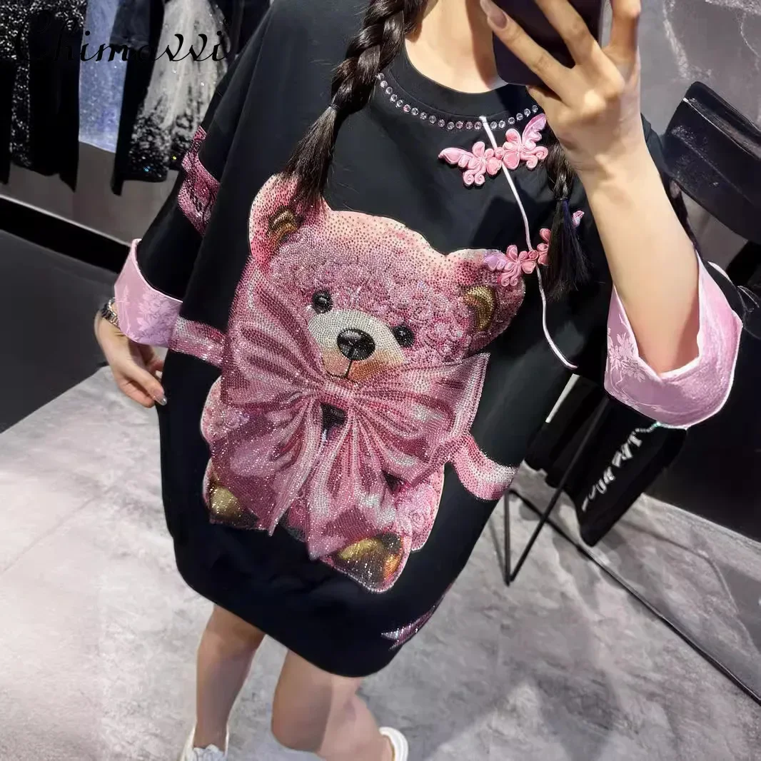 Chinesischen Stil Rosa T-shirt Kleid Mode Bogen Bär Heißer Bohren Mid-Länge Übergroßen Kurzarm Kleid Frauen Schwarze Kleider