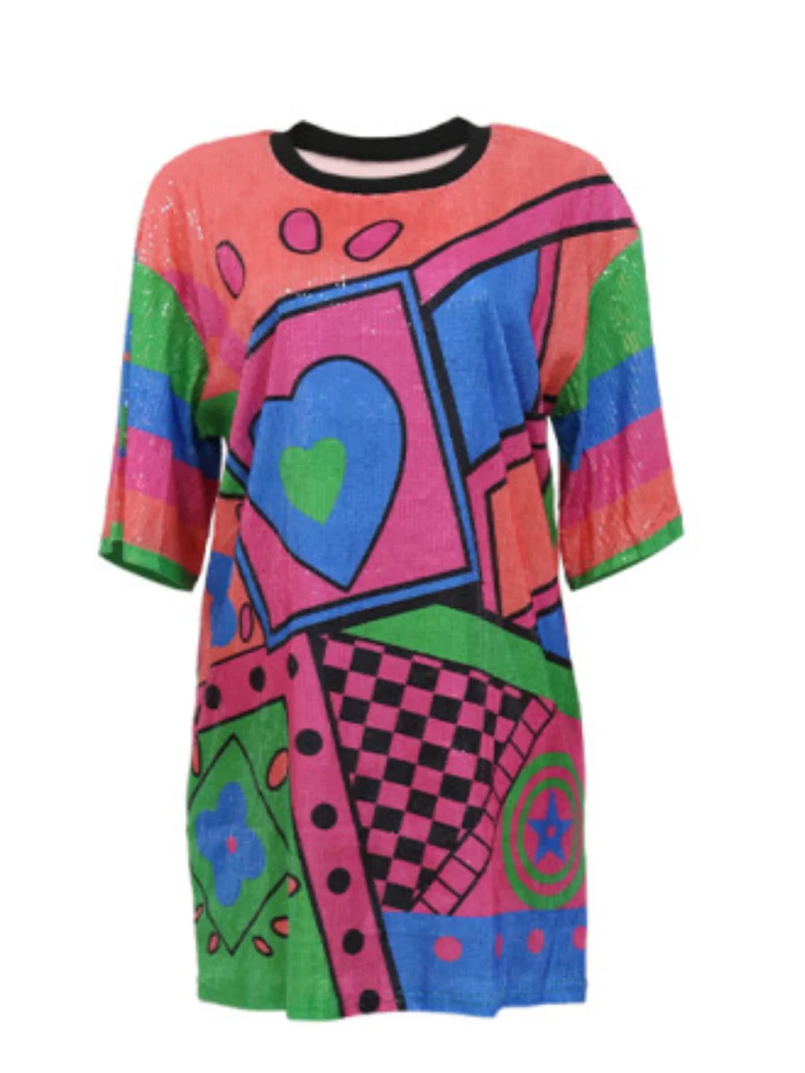 Lw Plaid geometrischen Druck lockeres Kleid Sommer Kurzarm T-Shirt Kleid Vestido Mode lässig Club Party Geburtstags kleider