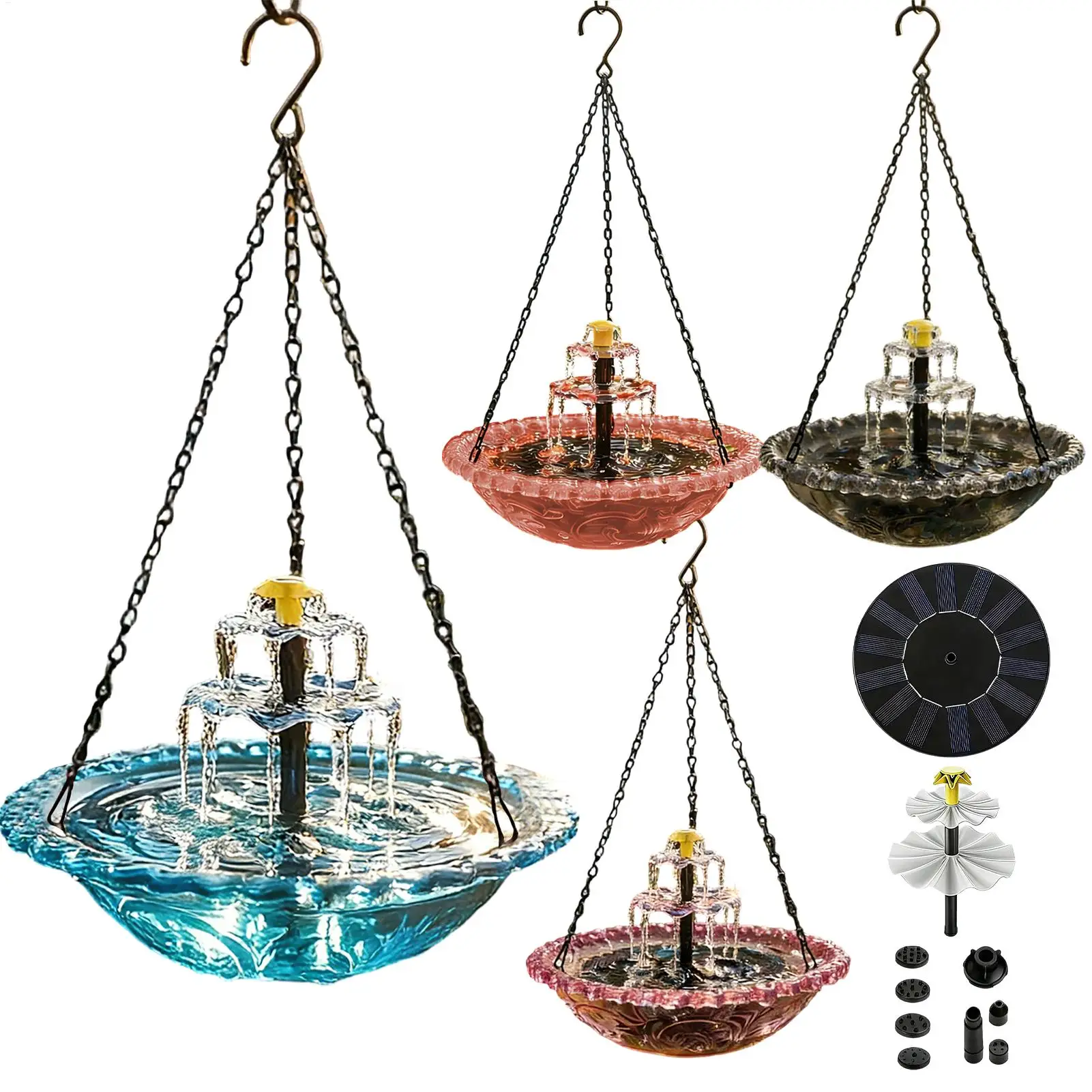 Fuente Solar para Baño de Pájaros con Bomba y Rociador, Cuenco de Vidrio Colgante para Jardín, Patio, Comedero de Agua para Colibríes y Pájaros Pequeños
