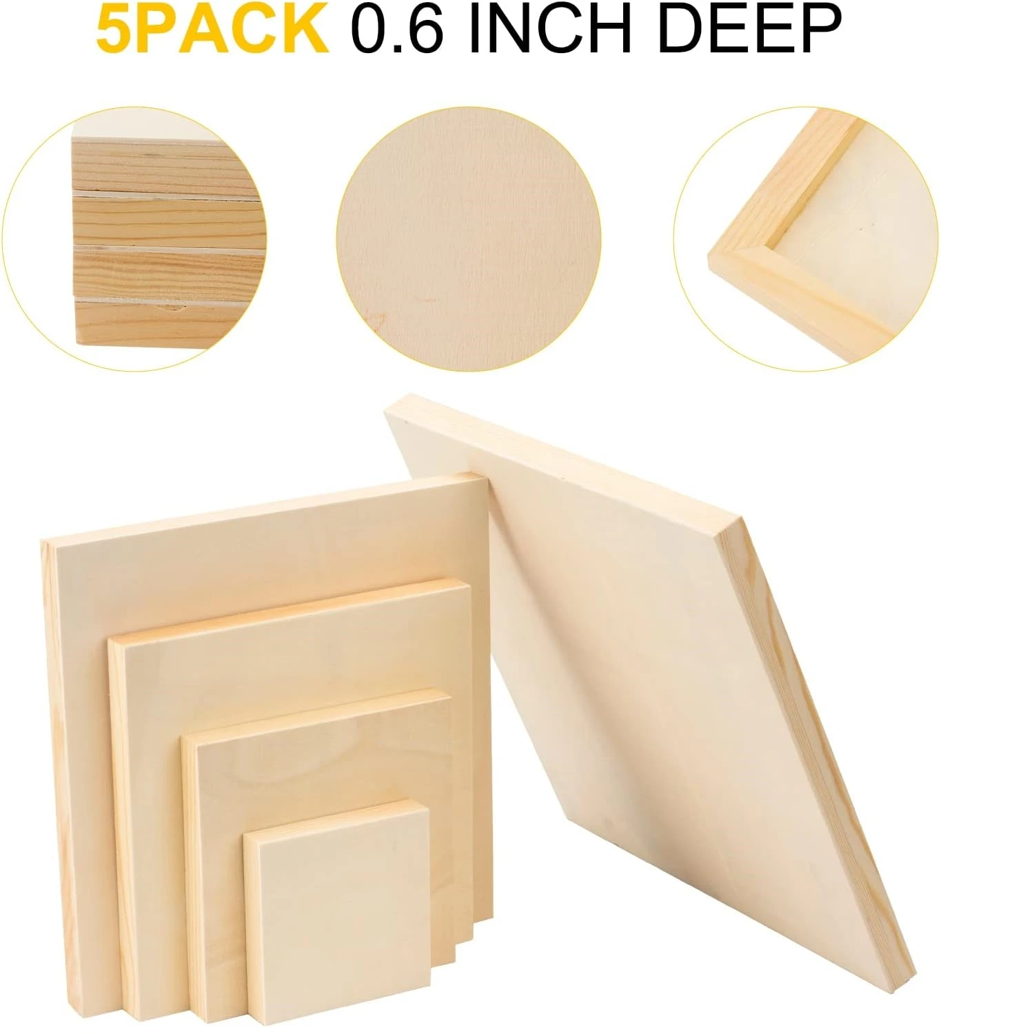 5Pcs Wood Panels 5 Sizes Square Wood Canvas Wooden Paint Pouring Panel Boards for Painting, Pouring, Arts Use with Oils ﻿