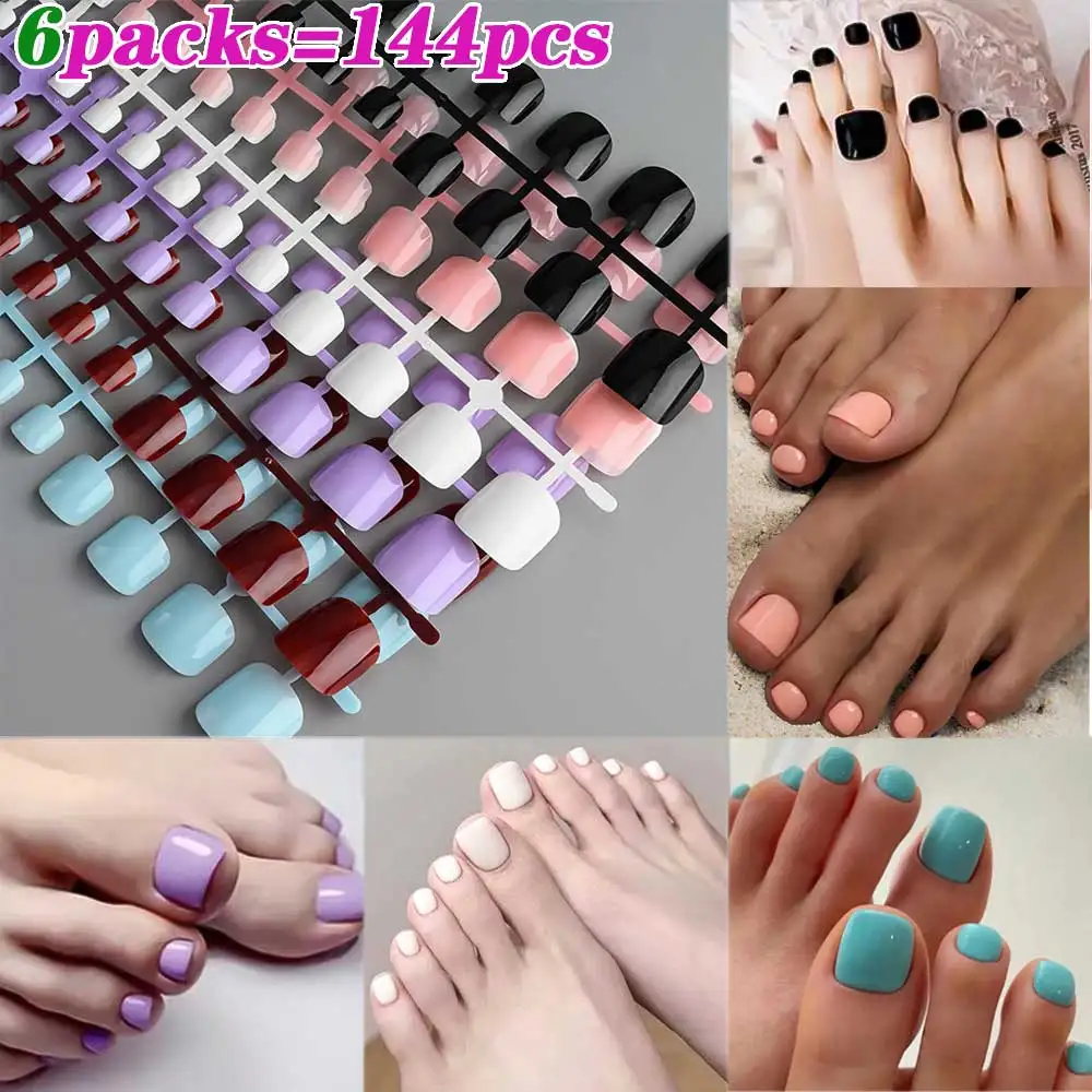 100/120/144pcs 6colors Mixed Pure Color False Toe Nails Full Cover Acrylic Toenail Tips Press On Nails 12 size Solid Toe Nail