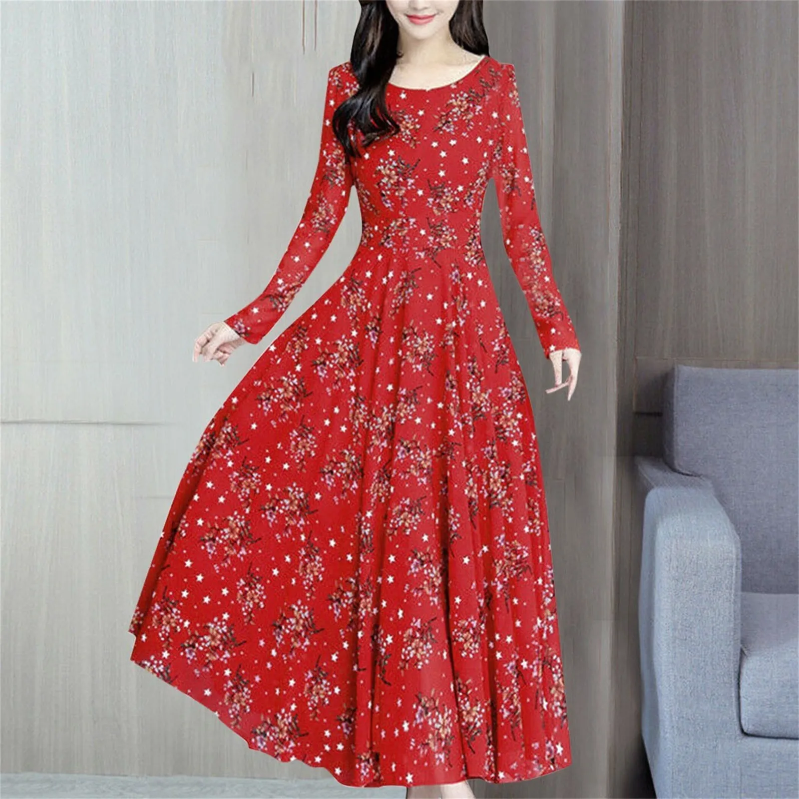 Women\'s Elegant Floral Printed Waisted Vintage Bohemian Dress Casual Long Sleeve Beach Holiday Dresses Slim Fit Long Dress