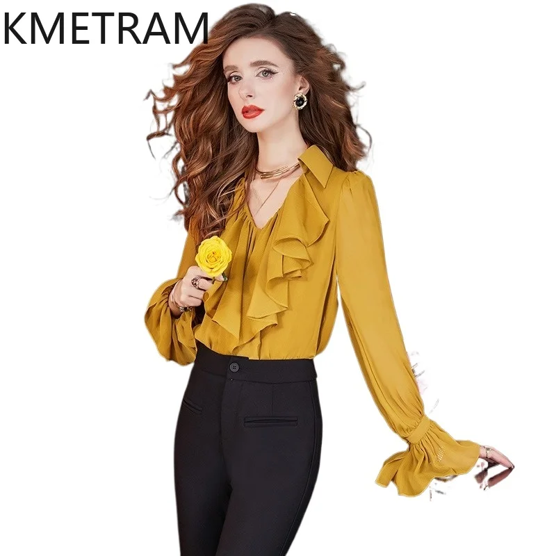 

KMETRAM Yellow Ruffled Shirt for Woman Elegant French Style Blouse Long Sleeve Spring Ladies Tops 2026 Women Clothes jirai kei