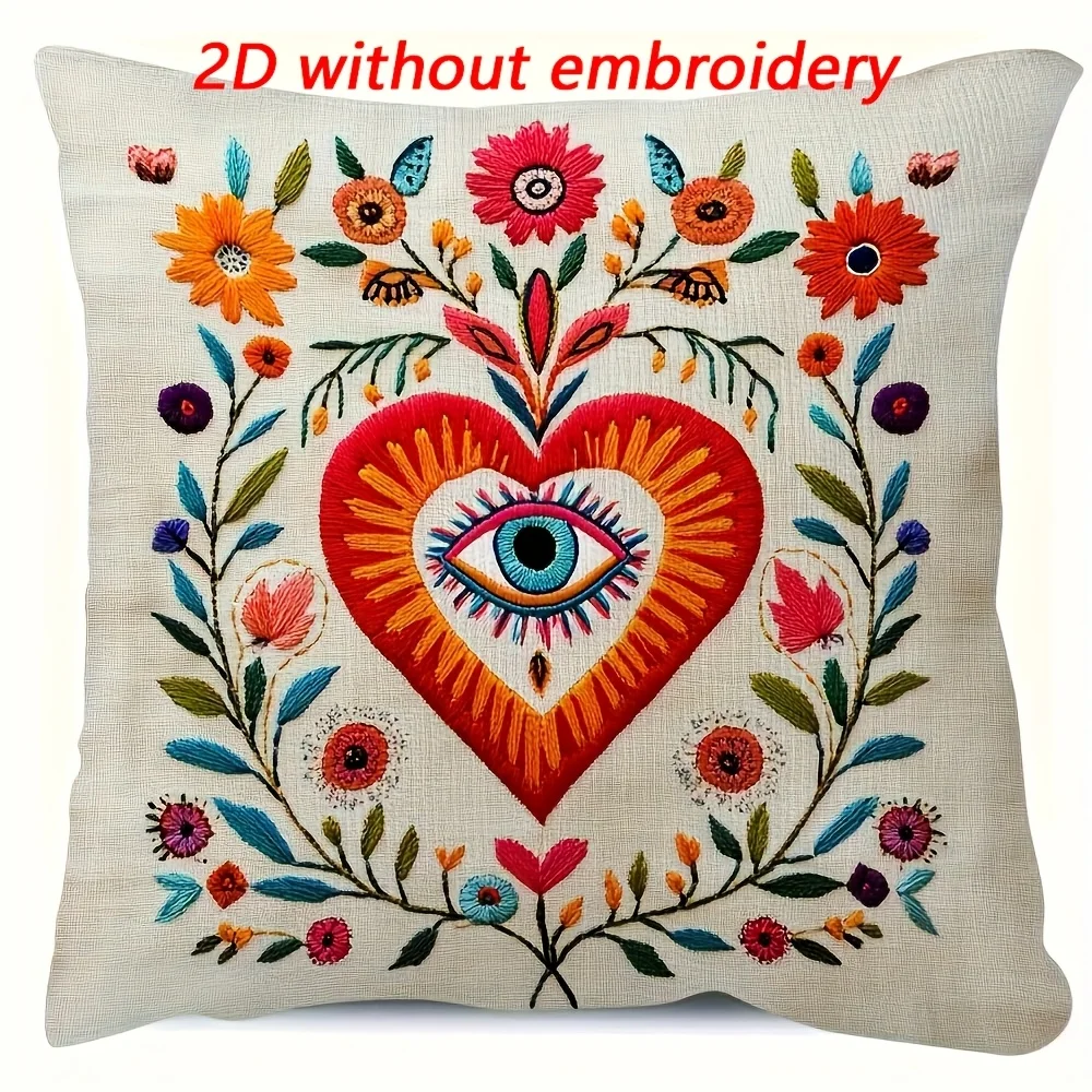 2D flat- Boho Evil Eye Heart Floral Throw Pillow Cover, Mexican Folk Style Decorative Cushion Case for Sofa Bedroom Living Room