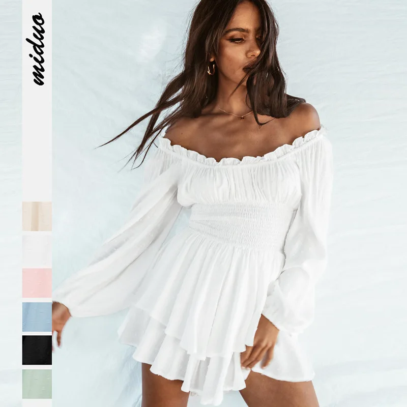 Sexy Off Shoulder Strapless Long Sleeve Bodysuit Women Fashion Double Layer Ruffles Jumpsuit Shorts Female Casual Bodycon Romper