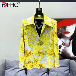 PFHQ-camisas estampadas informales para hombre, blusa holgada de manga larga con botonadura única, ropa a la moda, novedad de verano, 2023, 21F4051