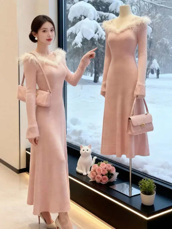 

Универсальный облегающий миди-платье Ele Gentle Wind с высокой талией для осенне-зимнего сезона