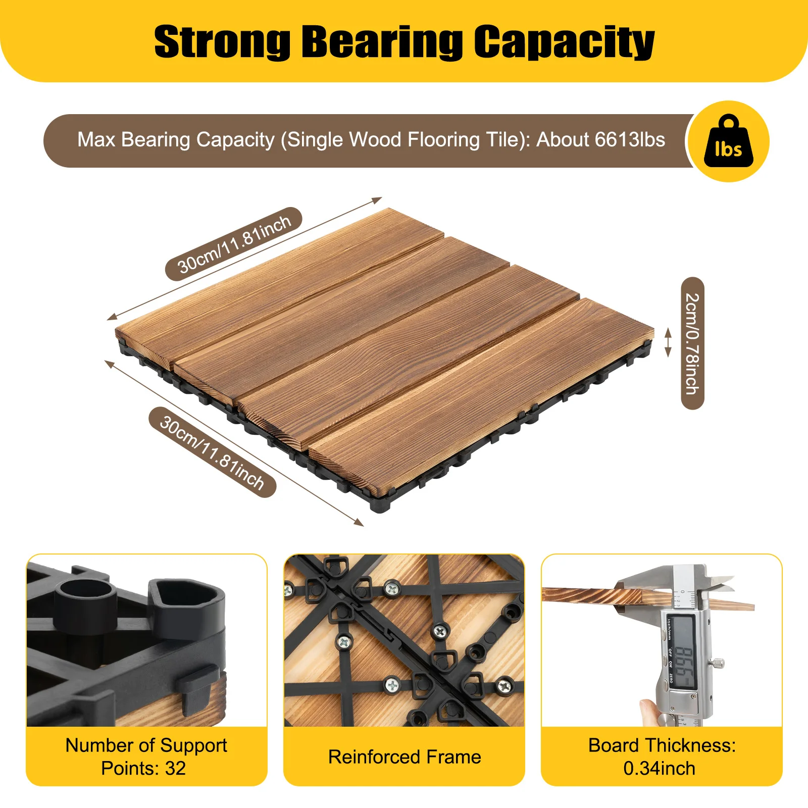 

36 PCS Brown Simple Classic Camphor Pine Wood Flooring Tiles PE Stainless Steel 3T Load 8.66mm Thick Carbonized Splicing Floor