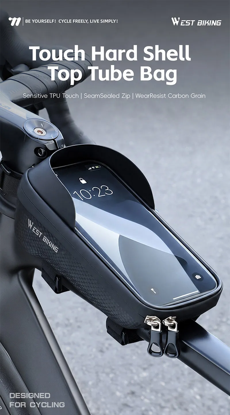 WEST BIKING Touchscreen-Fahrradtasche für Handys, wasserdichte Hartschalen-Oberrohrtasche für Straßen- und Mountainbikes mit dreifach stabilem Haken – Detail 1