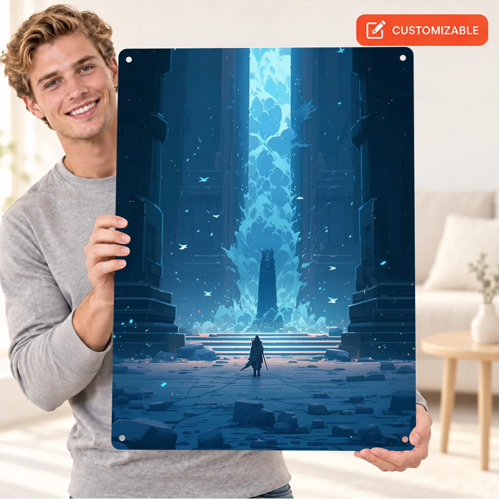 Blue Water Portal Printed Poster Personalized Aluminum Metal Sign Vivid Neon Digital Illustration Wall Art For Reading Corner
