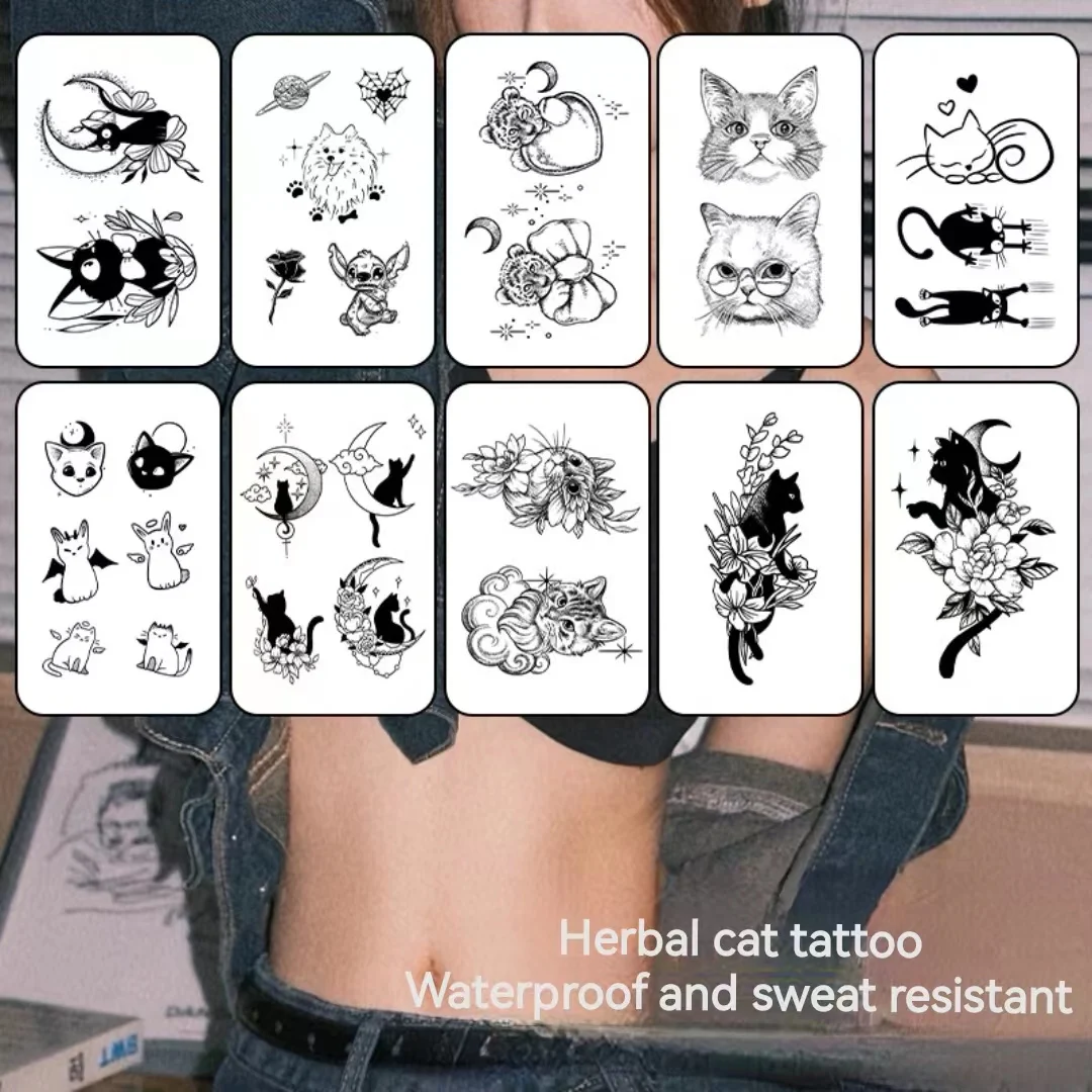 10pc/Set Cat Dog Herbal Juice Tattoo Stickers Semi Permanent  Arm Female Moon Flower Fake Tattoo Waterproof Durable Tatuajes Art