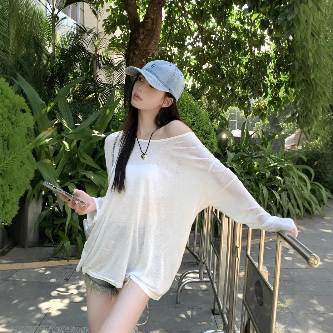 Women Long Sleeves Chiffon Fabric Slightly Transparent Soft Breathable Summer Thin Loose Fitting Pullover Sunscreen Clothing