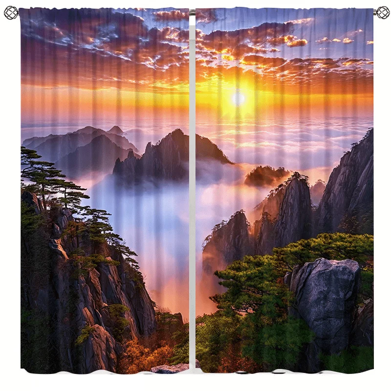 Sunrise cloud sea mountain pine pattern curtains, pole-mounted installation. Suitable living rooms bedrooms dining rooms hotels