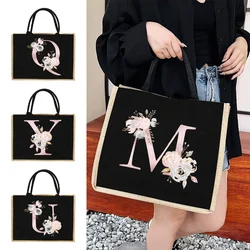 Bolso de yute, bolso de mano de lino, sacos de letras de flores rosas, bolsos de hombro de imitación de yute, bolsos de compras laminados para mujer