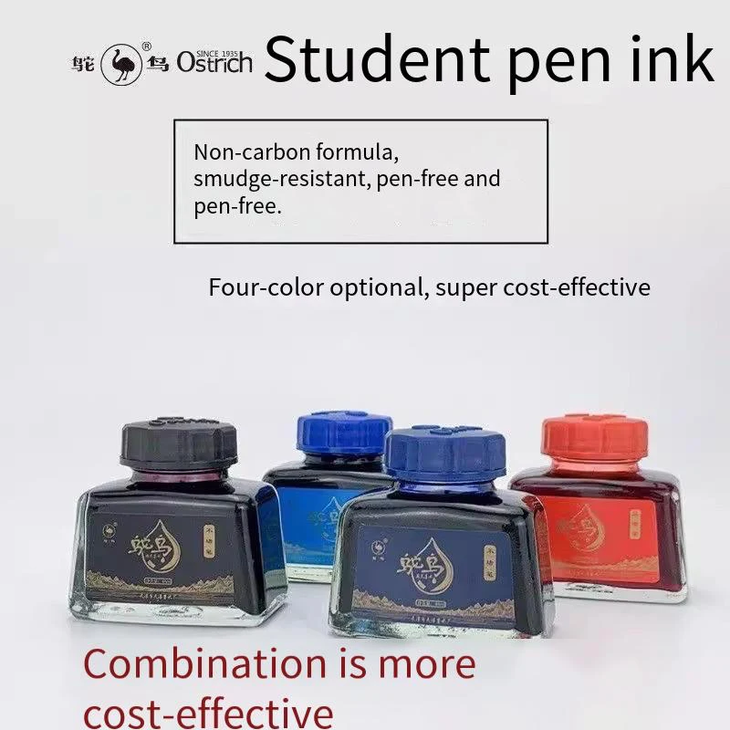 Ostrich 2-Series Fountain Pen Ink, 48ml - Non-clogging Carbon-Free in 4 Colors (Black/Blue/Blue-Black/Red)