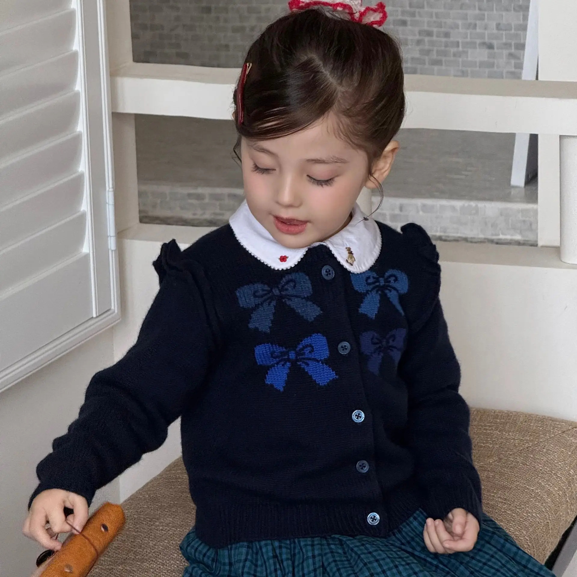 

Sweater Sweet Bow Embroidery Girls Wool Cardigan Soft Children Knitted Short-sleeve Wool Sweater Autumn Winter Sweet