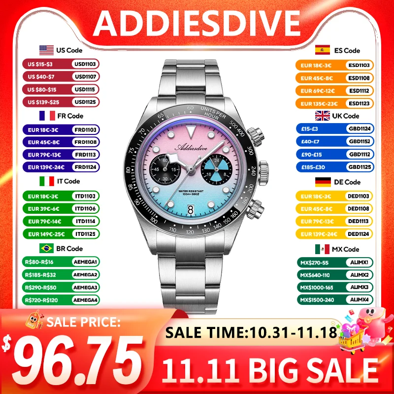 ADDIESDIVE New Quartz Watch VK64 BGW9 Luminous 100M Water-Resistant Gradient Chronograph Men's Watch