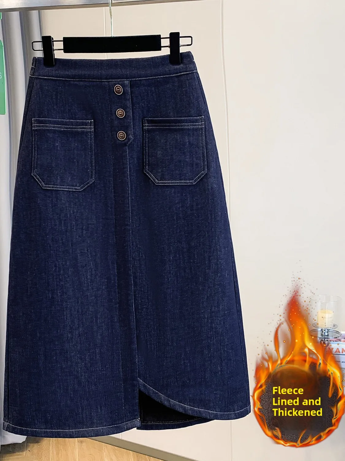 Winter New plus Size Fce Lined Thiened Elastic Waist Stretchy Denim Midi Skirt for plus Size Women Base Layer f Body ...