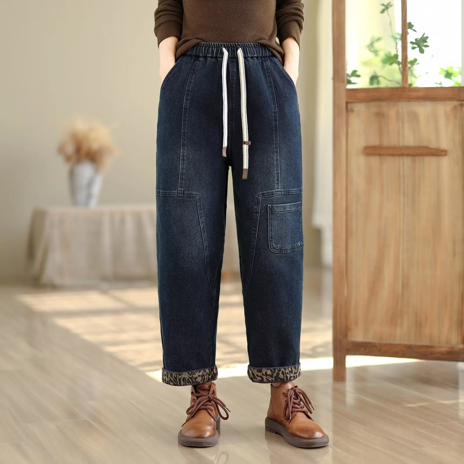 

Японские винтажные флисовые джинсовые шаровары Mori Girl, женские осенне-зимние повседневные свободные джинсы с эластичной резинкой на талии и шнурком