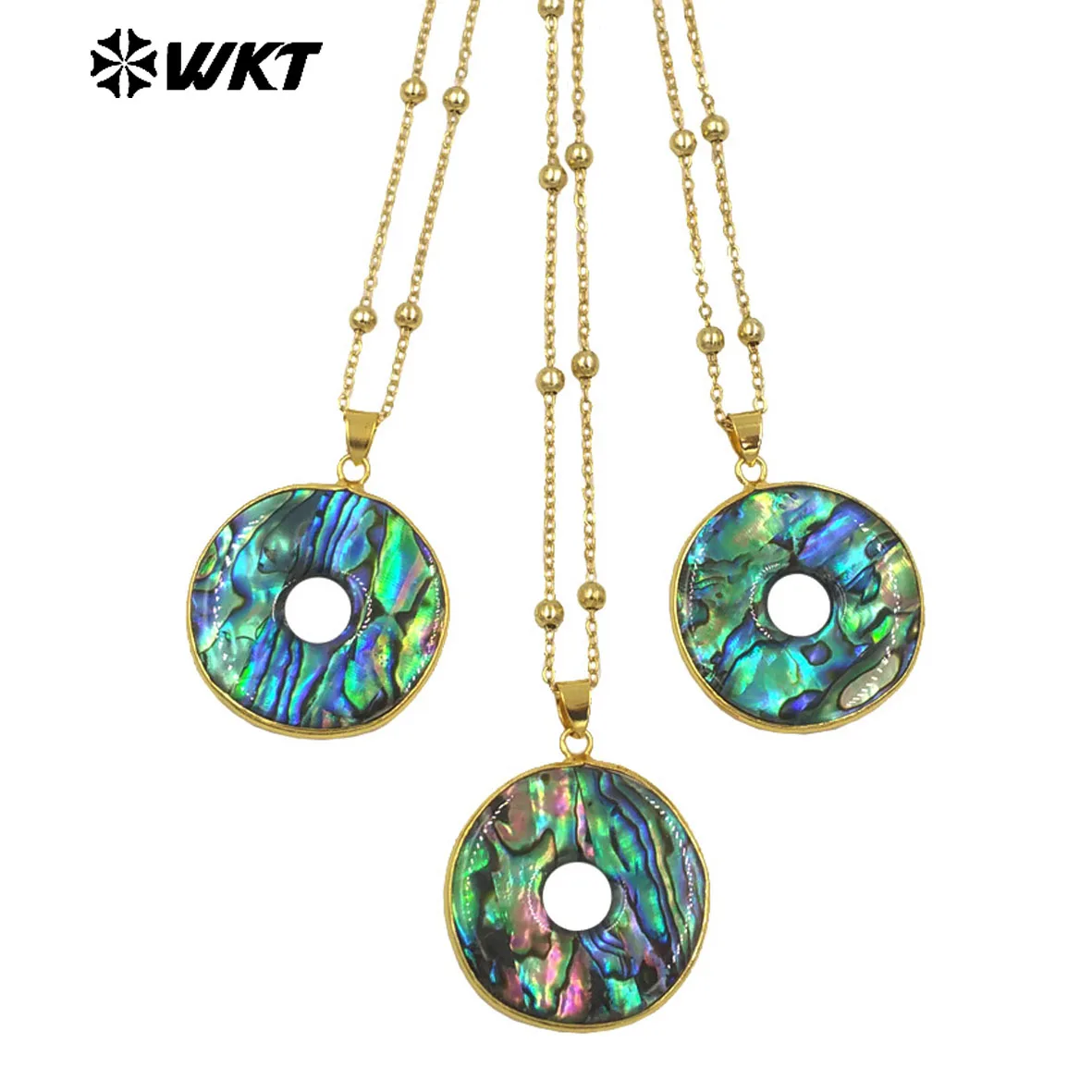 WT-JN313 High Quality Round Natural Abalone Shell Necklace With Gold Plated Single Hole For Daliy Wearing Resist Tarnishable