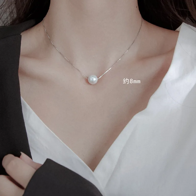 Fashion Female Necklace SIlver Color Round Pearl Necklace For Women Clavicle Box Chain Choker Small Jewelry Collier Femme