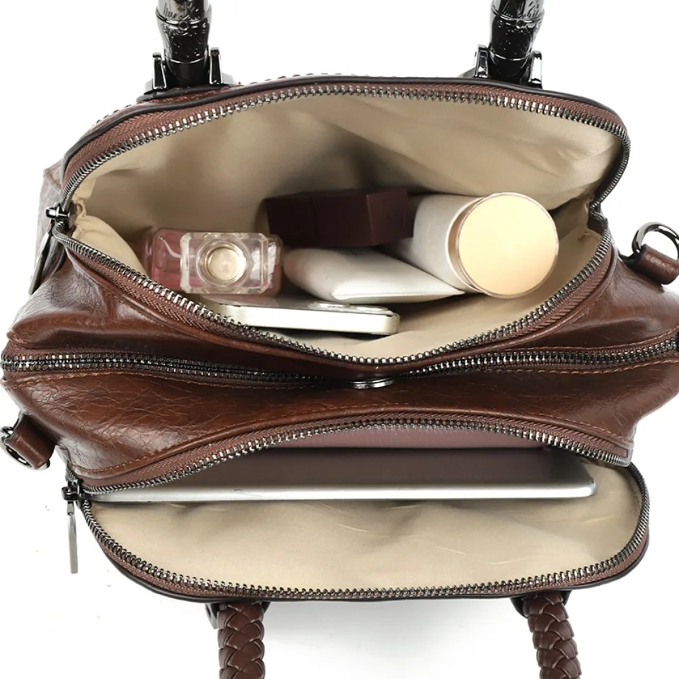 Three Layers Retro Crossbody Bags for Women High Quality Leather Handbags Hand-woven Handle Luxury Designer Shoulder Shopper Sac
