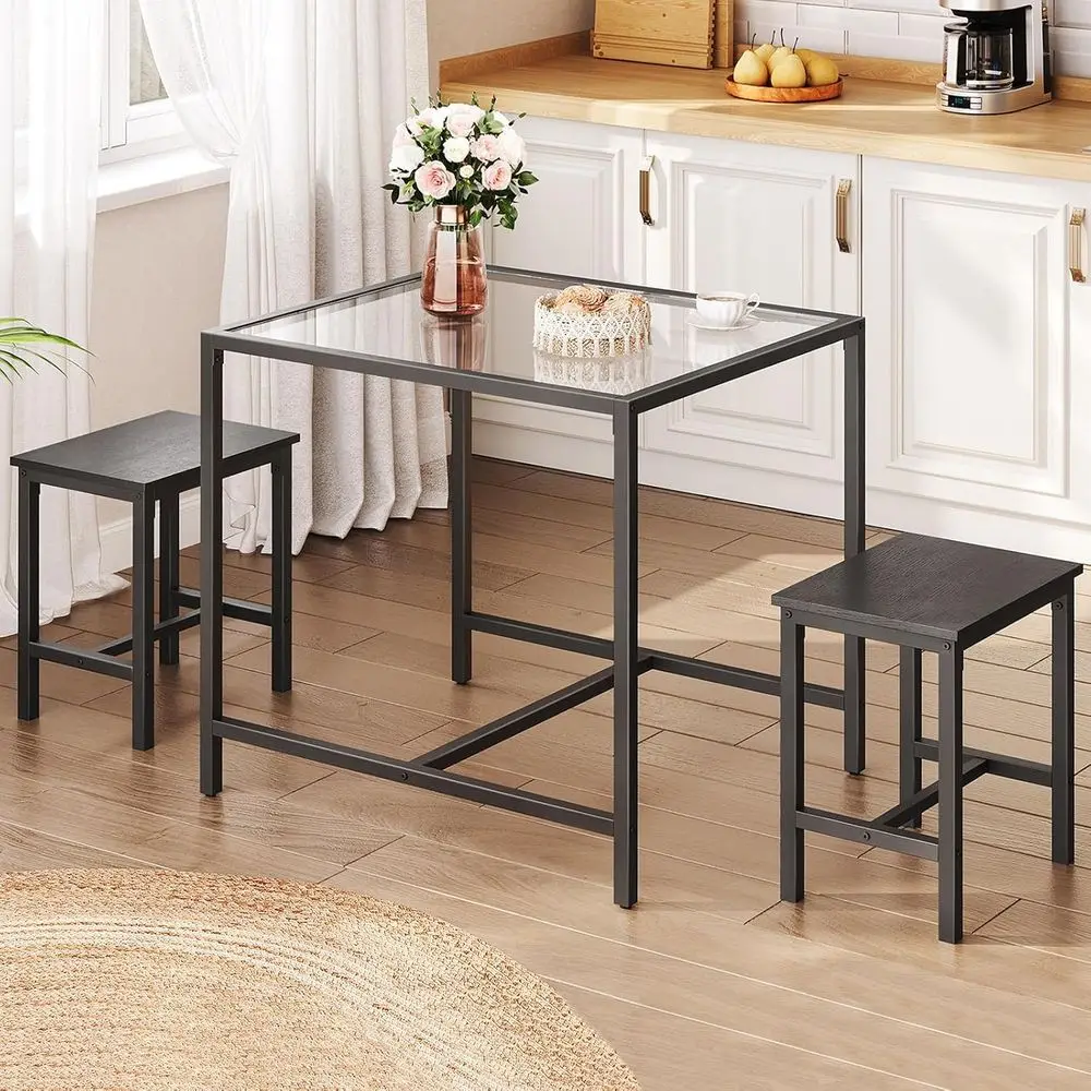 Compact Rectangular Glass Dining Set for 3, Modern Black BK80CZ01 Kitchen Table with Chairs