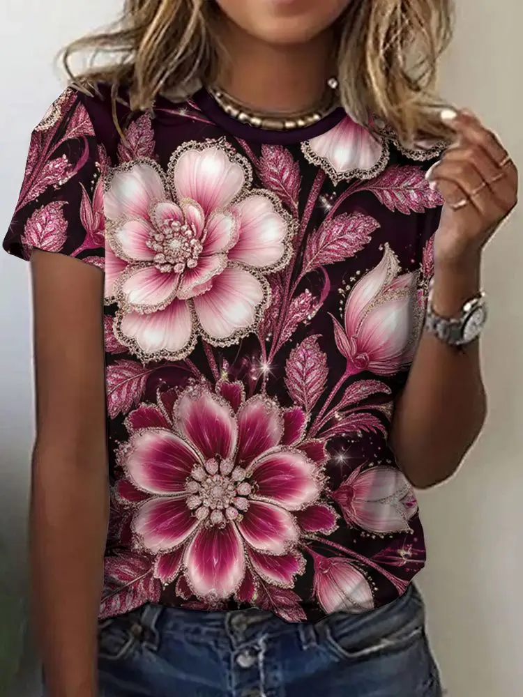 Rose Floral Flower 3D Print T-Shirts Summer Women's Short Sleeve Round Neck T Shirt Harajuku Y2K Casual Tees Top Female Clothing