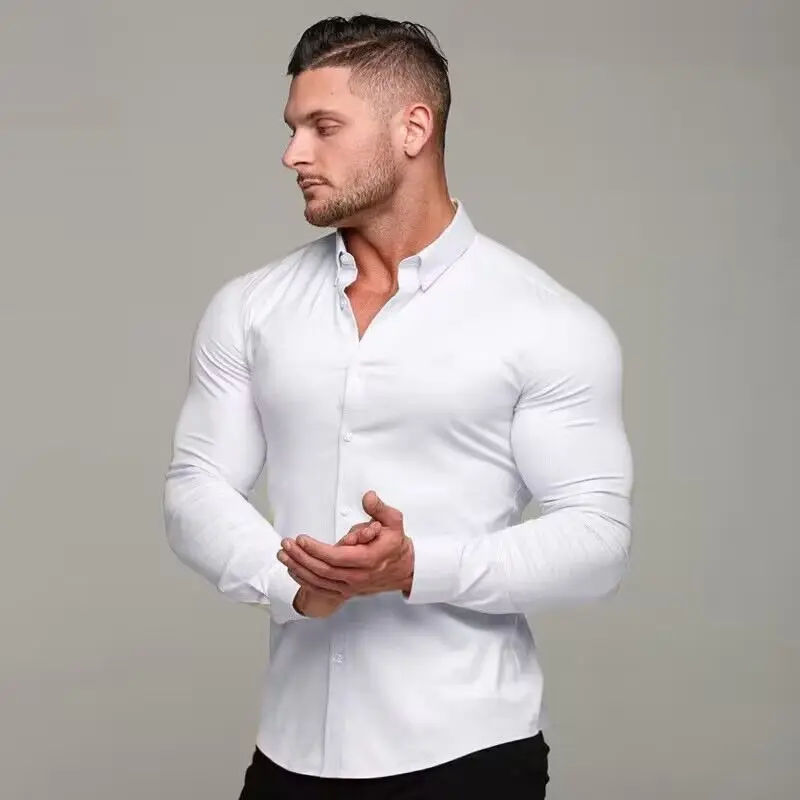 Camisa elástica de cuatro lados sin arrugas para hombre, camisa de manga larga, ropa de seda informal de negocios formal, hierro gratis, primavera y