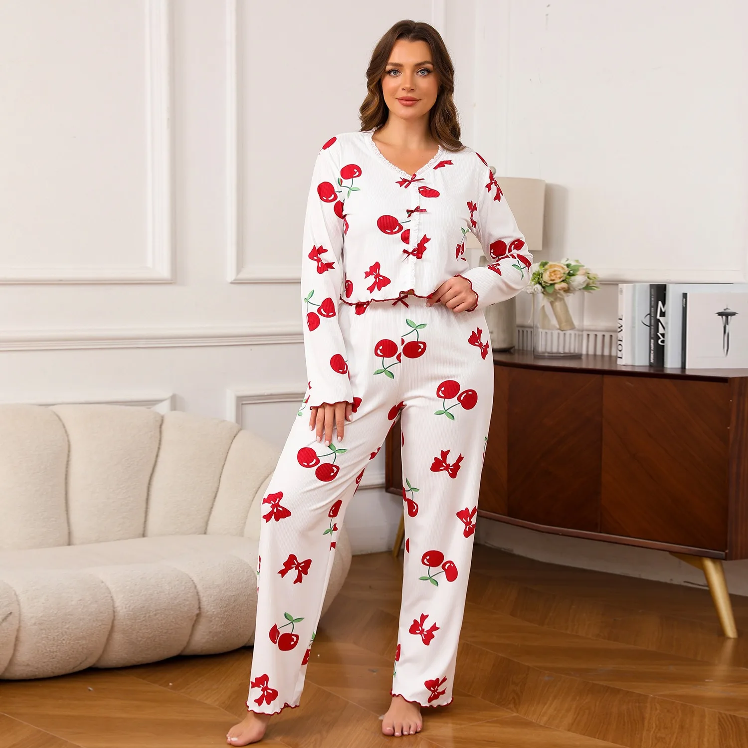 Women's Long Sve Bow Tie Suit Set with Long Pants Home Wear Comfortable Breathable Summer Outfit Thiened Foreign Trade