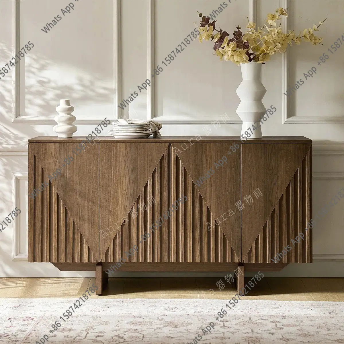 Medieval solid wood dining side cabinet living room geometric texture walnut color decorative retro entrance cabinet TV cabinet