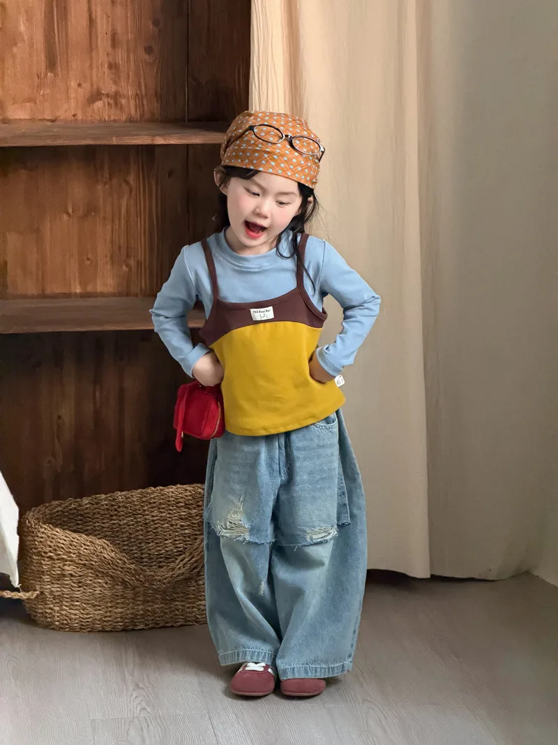 2026 Spring New Children Long Sleeve T Shirts Cotton Toddler Girls Patchwork Sling 2pcs Suit Baby Casual Tops Kids Clothes